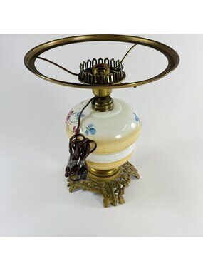 Vintage Milk Glass Hurricane Lamp Floral Design Brass Bass Home Decor Light